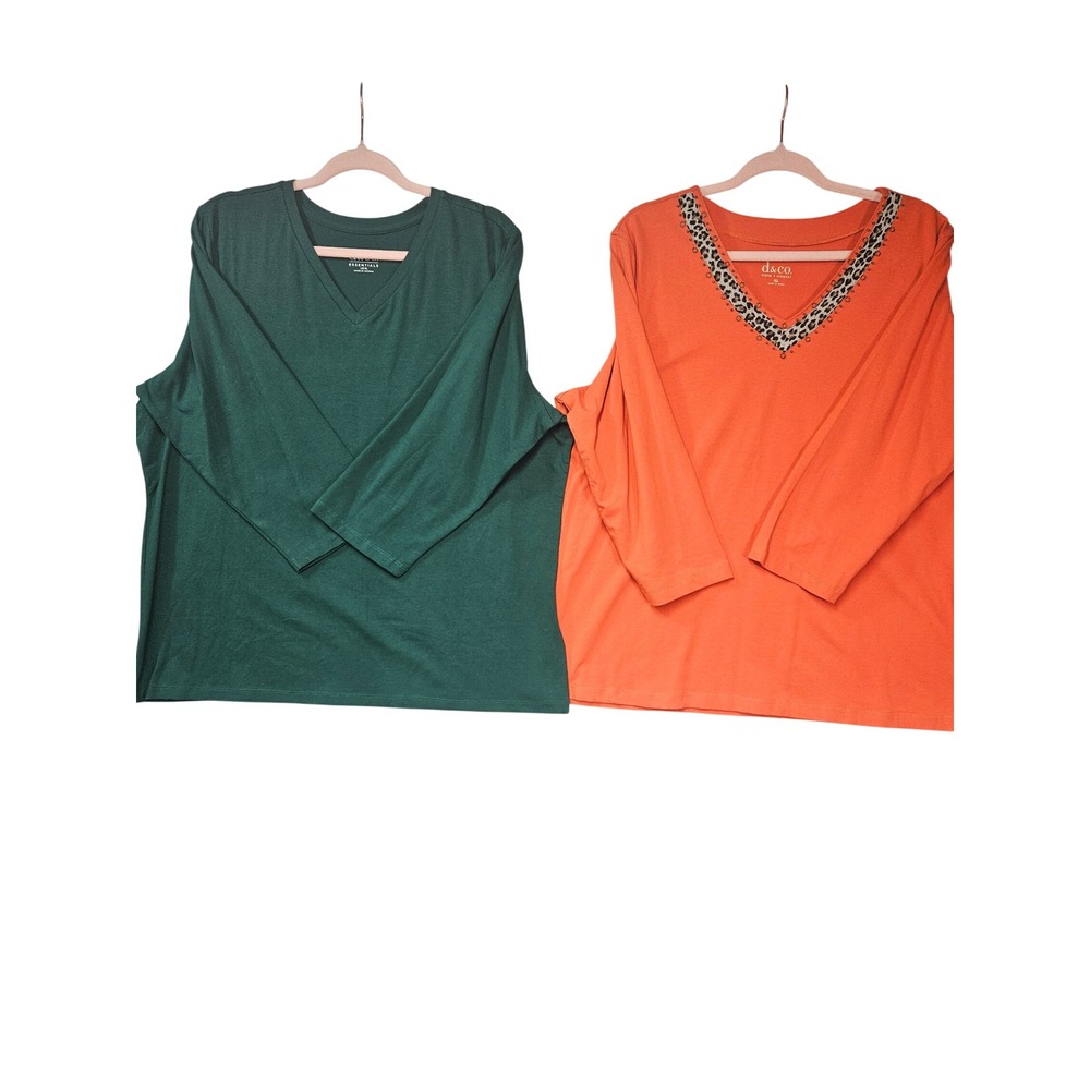 Denim & Co XL V-Neck Top Bundle Green Essential & Orange Leopard Trim Grommet